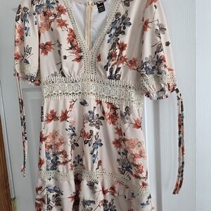 SHEIN Floral Lace Midi Dress in Cream and Red